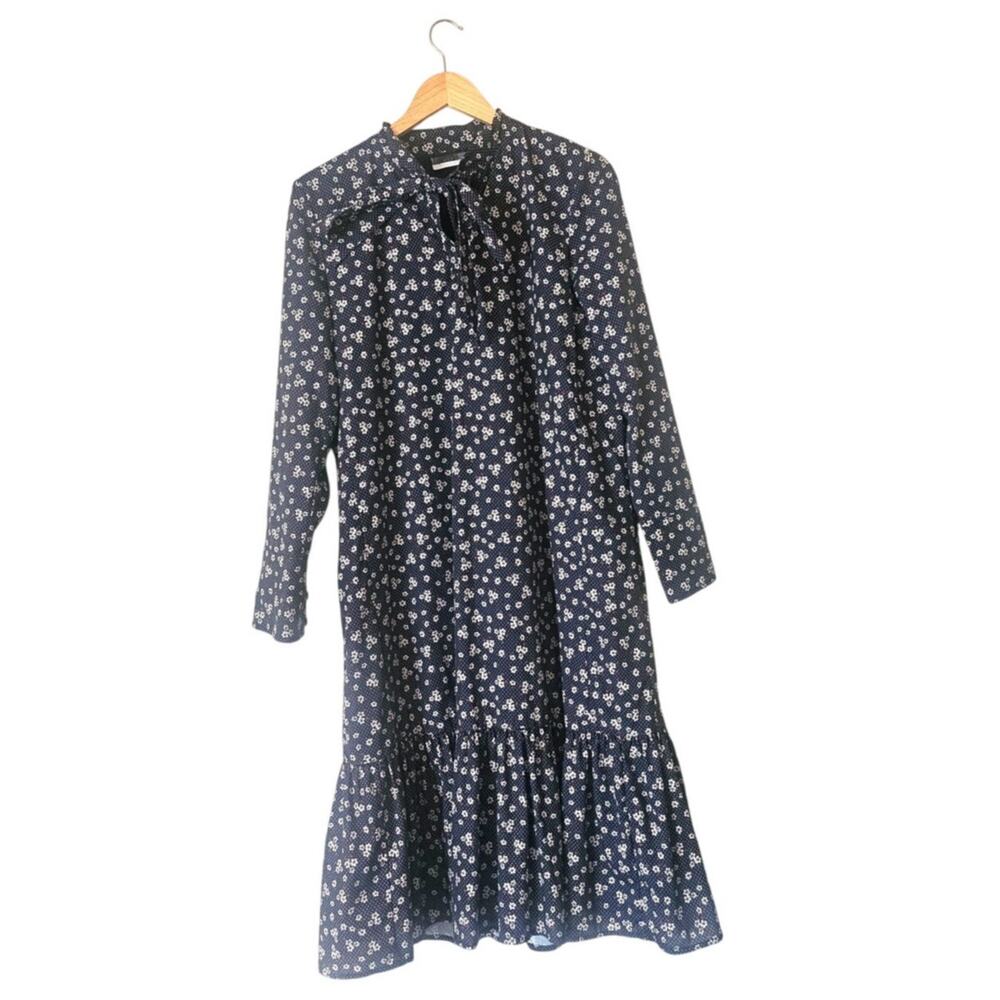 ROWE Navy Ditsy Floral Midi Dress Long Sleeve Tiered Hem Romantic Cottagecore 20